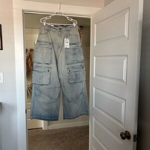 Zara Denim Blue Wide-Leg Cargo Pants